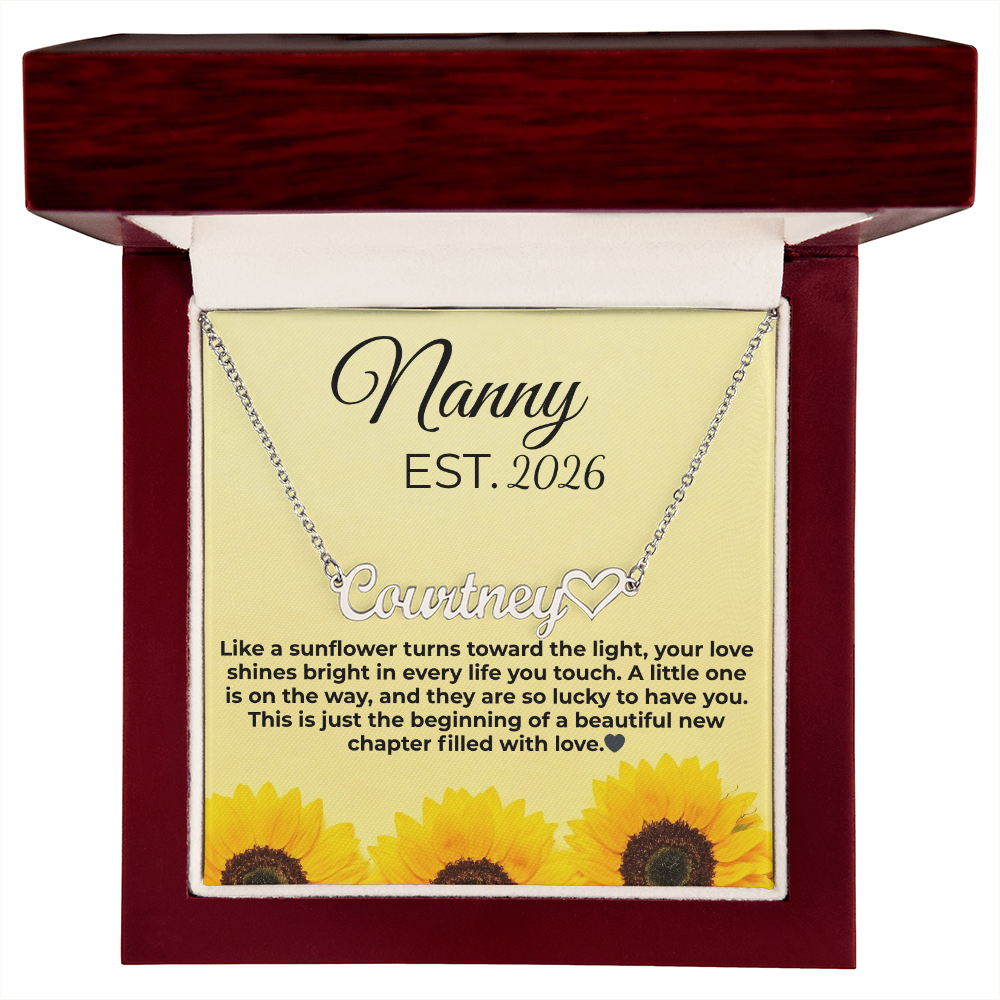 Personalized Nanny EST Necklace with Custom Name – Sunflower Message Card Gift for Grandma, Pregnancy Reveal, New Nanny Gift