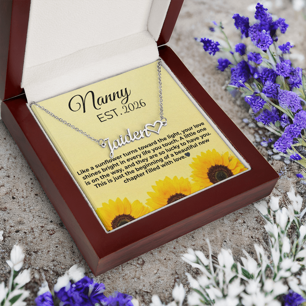 Personalized Nanny EST Necklace with Custom Name – Sunflower Message Card Gift for Grandma, Pregnancy Reveal, New Nanny Gift
