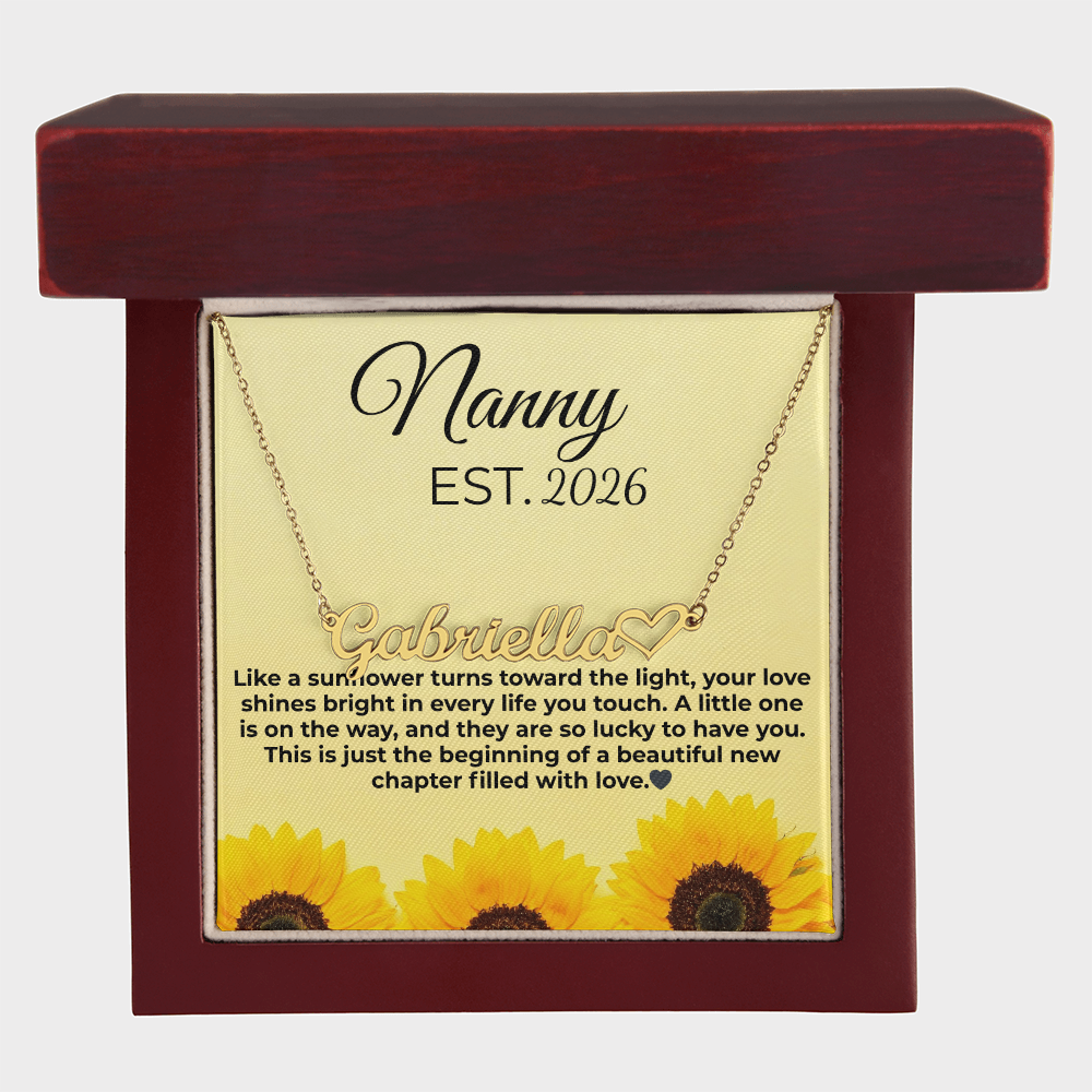 Personalized Nanny EST Necklace with Custom Name – Sunflower Message Card Gift for Grandma, Pregnancy Reveal, New Nanny Gift