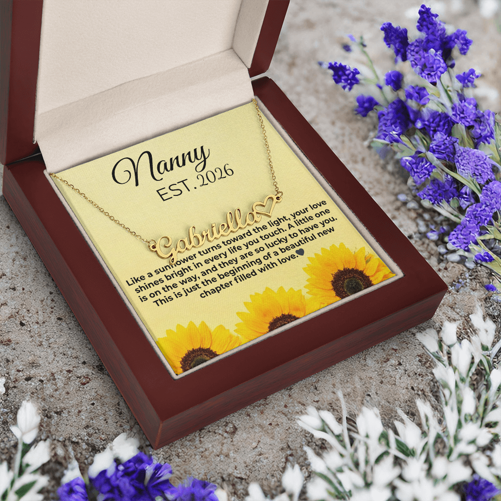 Personalized Nanny EST Necklace with Custom Name – Sunflower Message Card Gift for Grandma, Pregnancy Reveal, New Nanny Gift