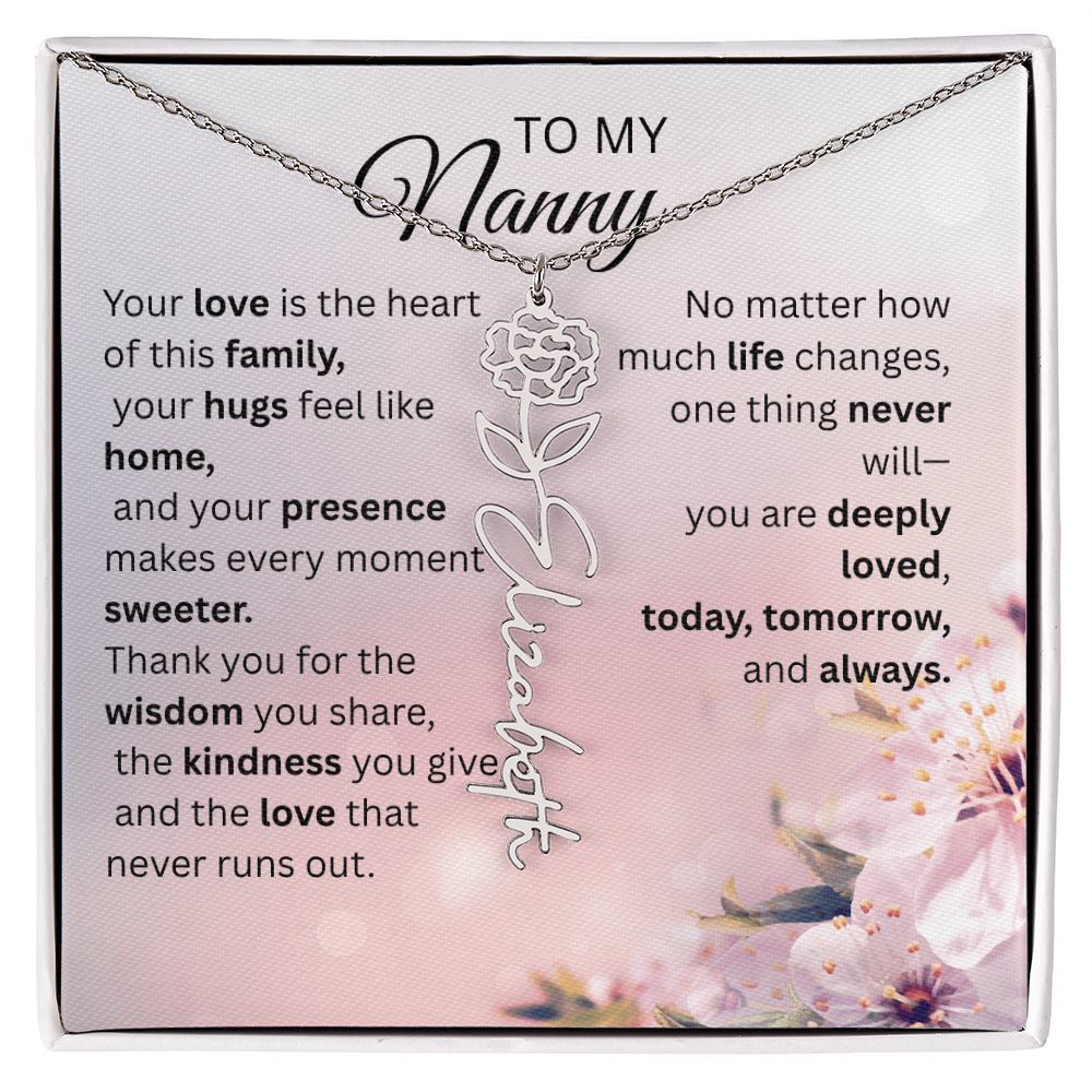 Personalized Nanny flower name necklace gift with custom birth flower message card