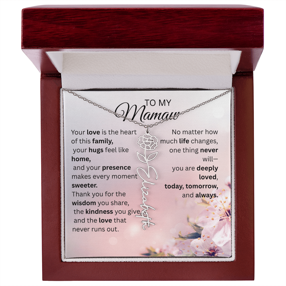 Personalized Mamaw flower name necklace gift with custom birth flower message card