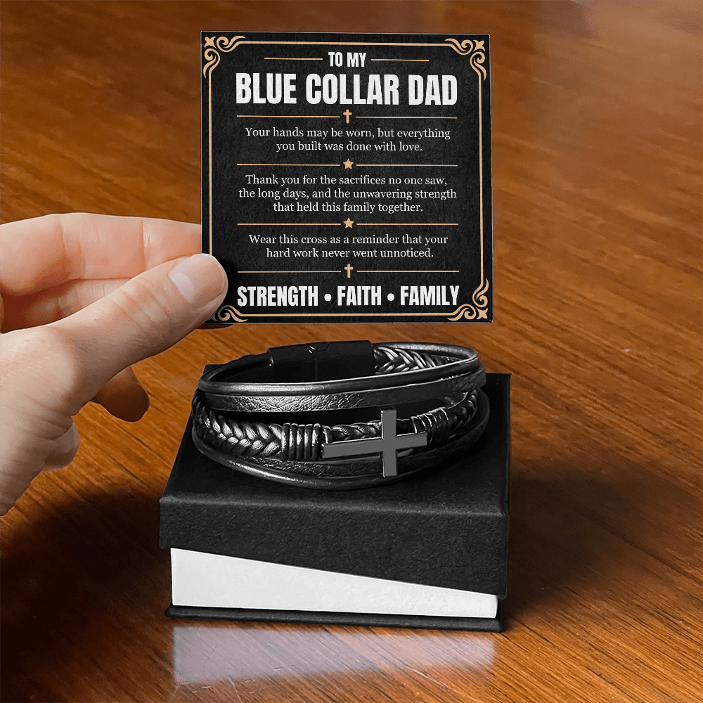 Blue Collar Dad Cross Leather Bracelet – Faith & Strength Gift for Dad