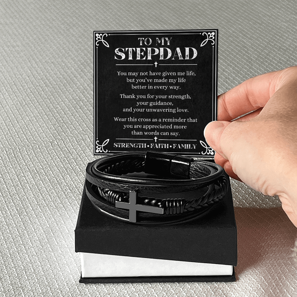 To My Stepdad Cross Leather Bracelet – Meaningful Faith Gift for Stepdad