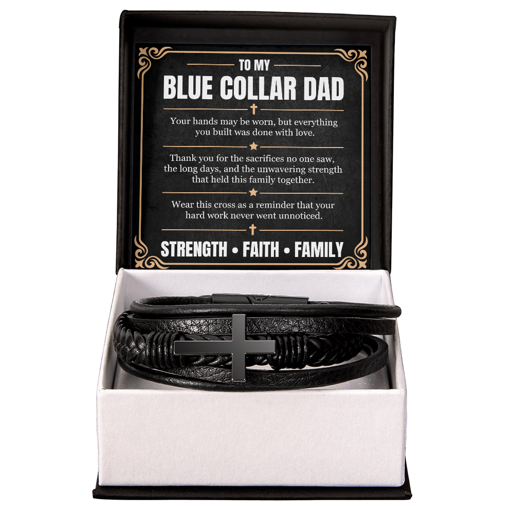 Blue Collar Dad cross leather bracelet with heartfelt message card in black gift box