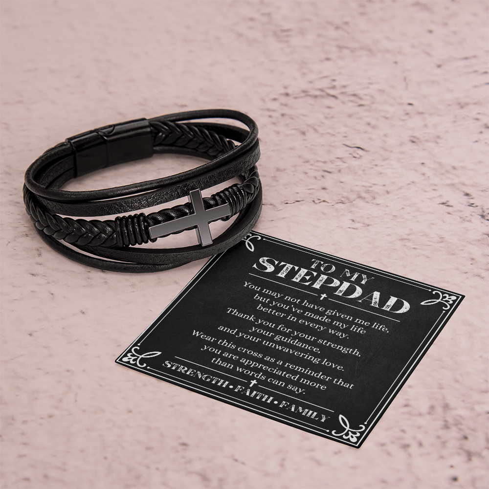 To My Stepdad Cross Leather Bracelet – Meaningful Faith Gift for Stepdad