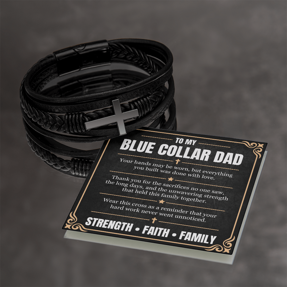 Blue Collar Dad Cross Leather Bracelet – Faith & Strength Gift for Dad