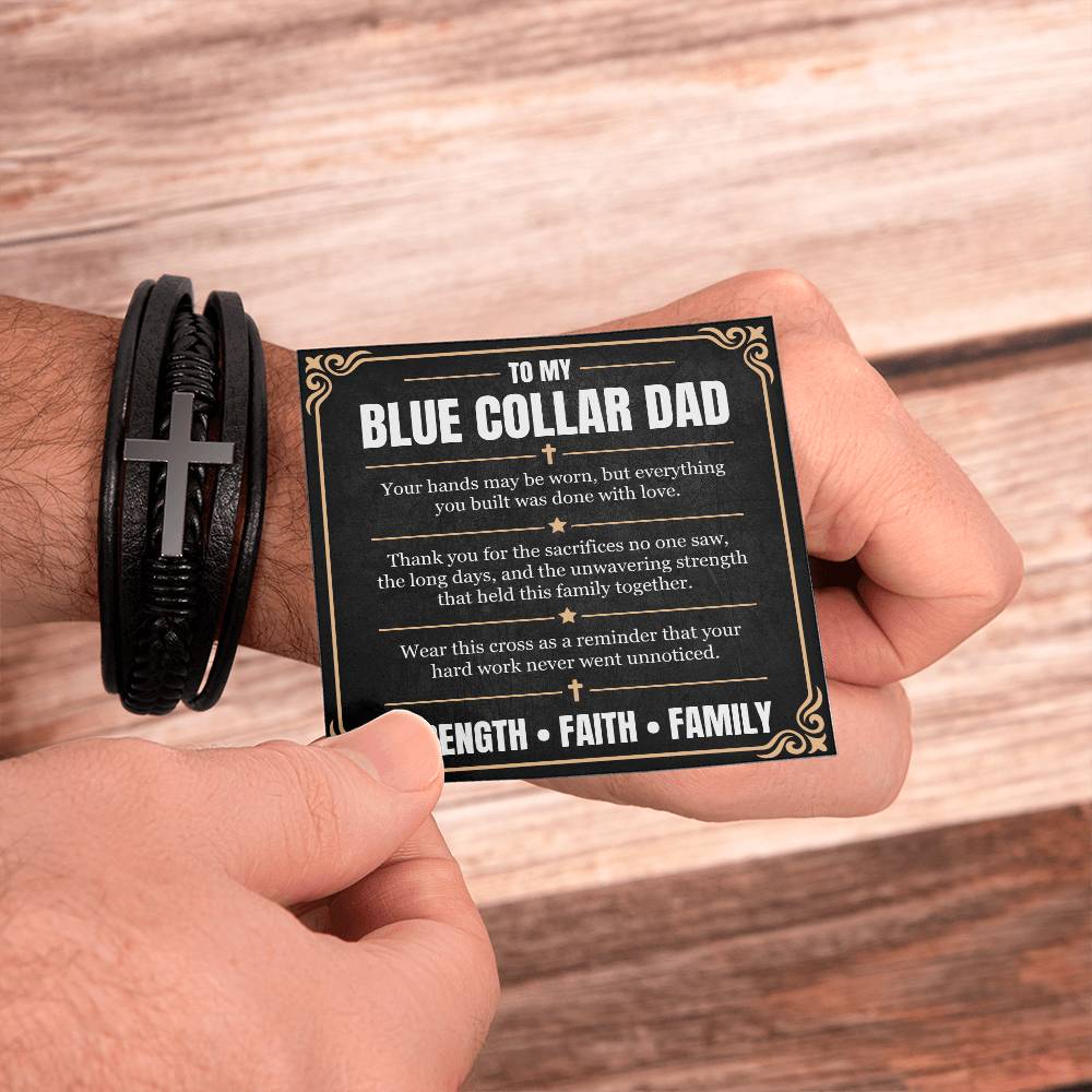Blue Collar Dad Cross Leather Bracelet – Faith & Strength Gift for Dad