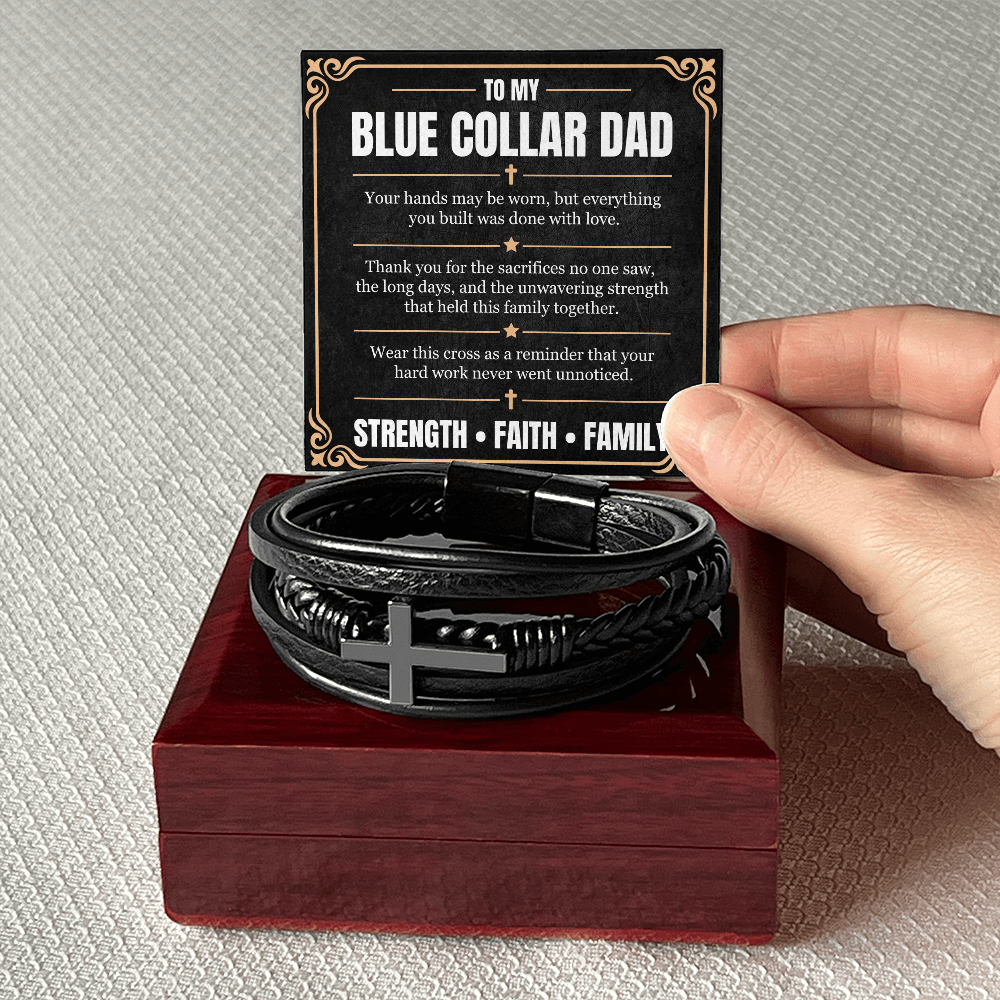 Blue Collar Dad Cross Leather Bracelet – Faith & Strength Gift for Dad