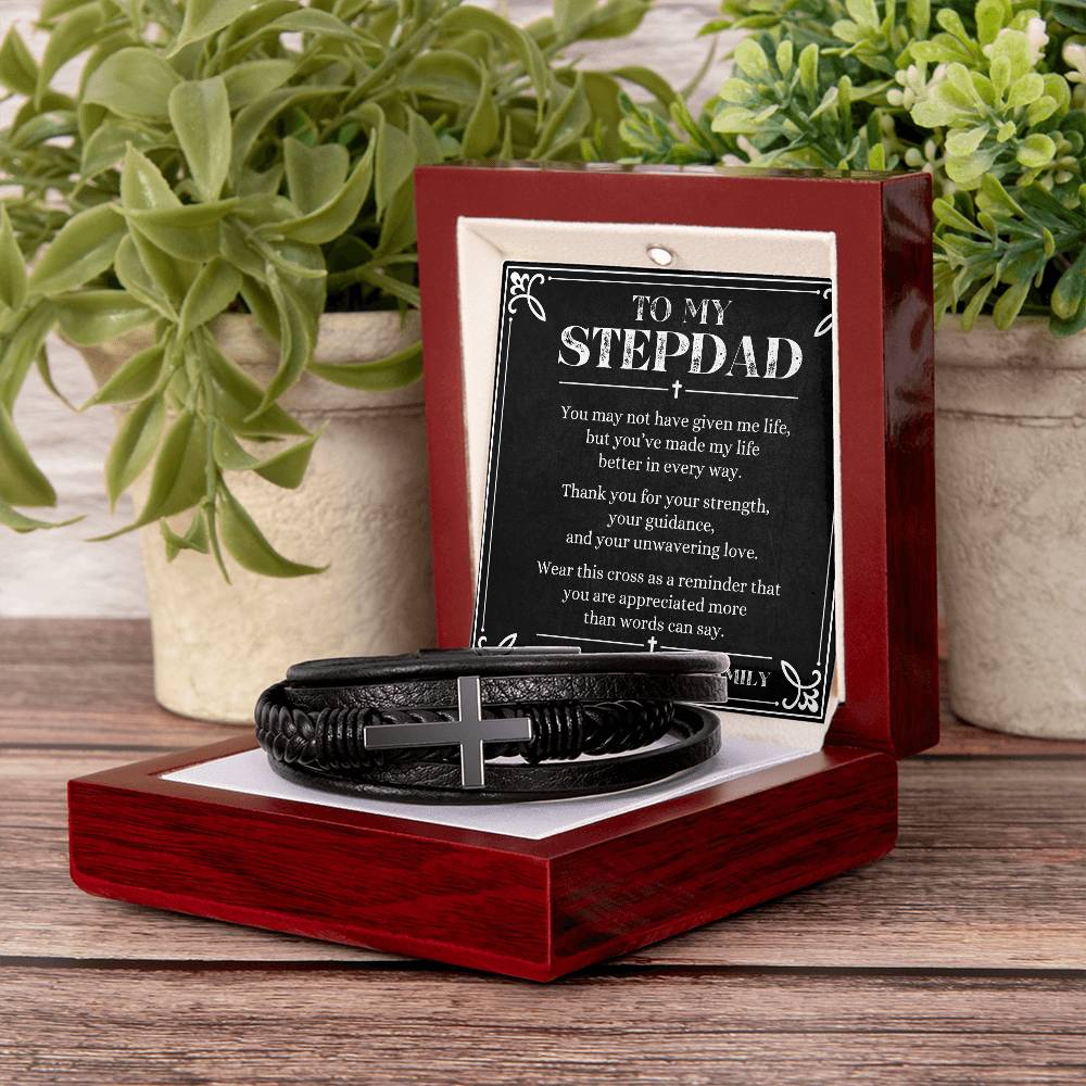 To My Stepdad Cross Leather Bracelet – Meaningful Faith Gift for Stepdad