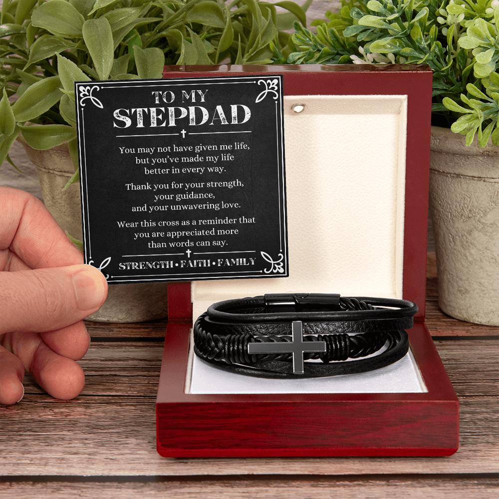 To My Stepdad Cross Leather Bracelet – Meaningful Faith Gift for Stepdad