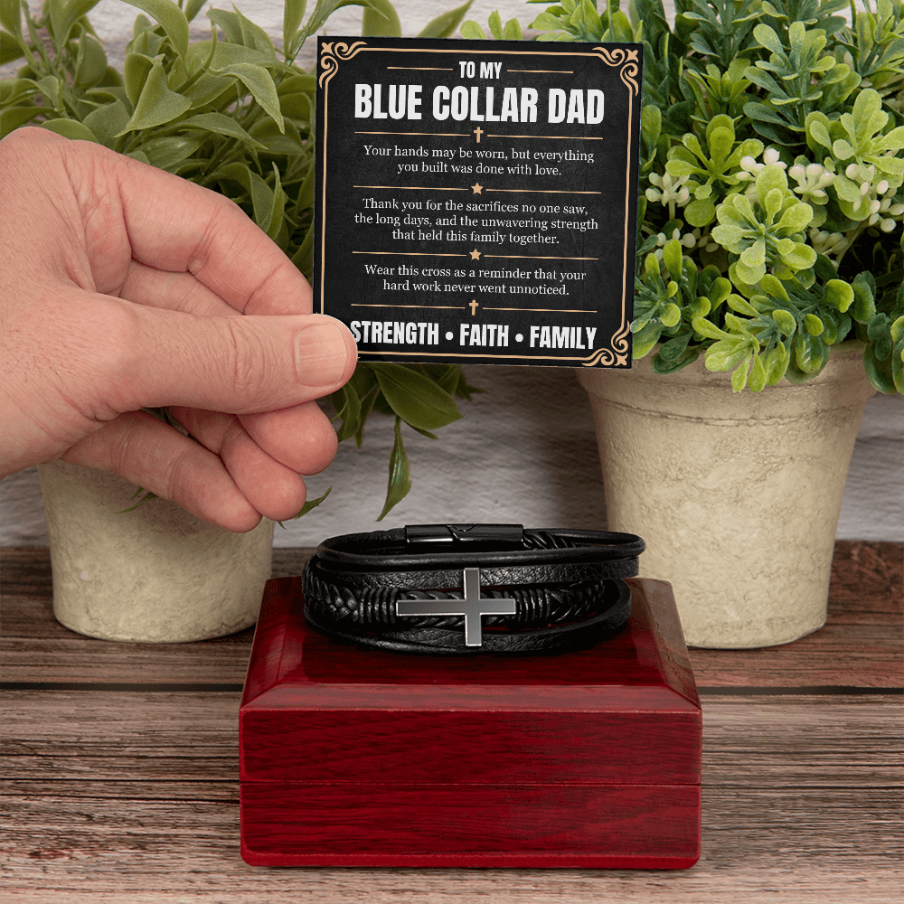 Blue Collar Dad Cross Leather Bracelet – Faith & Strength Gift for Dad