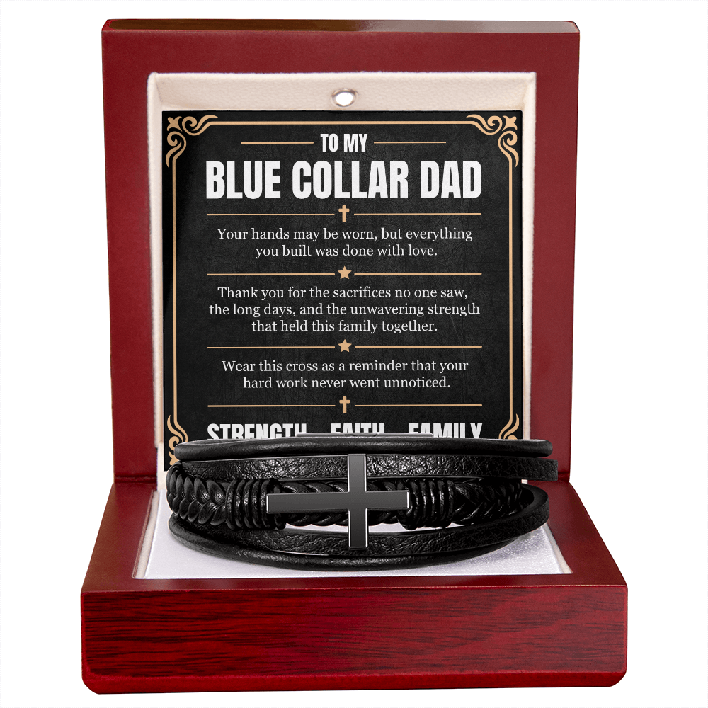 Men’s black leather cross bracelet gift for hardworking blue collar dad
