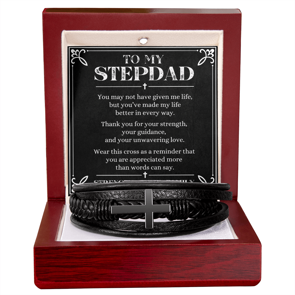 Stepdad cross leather bracelet with heartfelt appreciation message card in luxury gift box