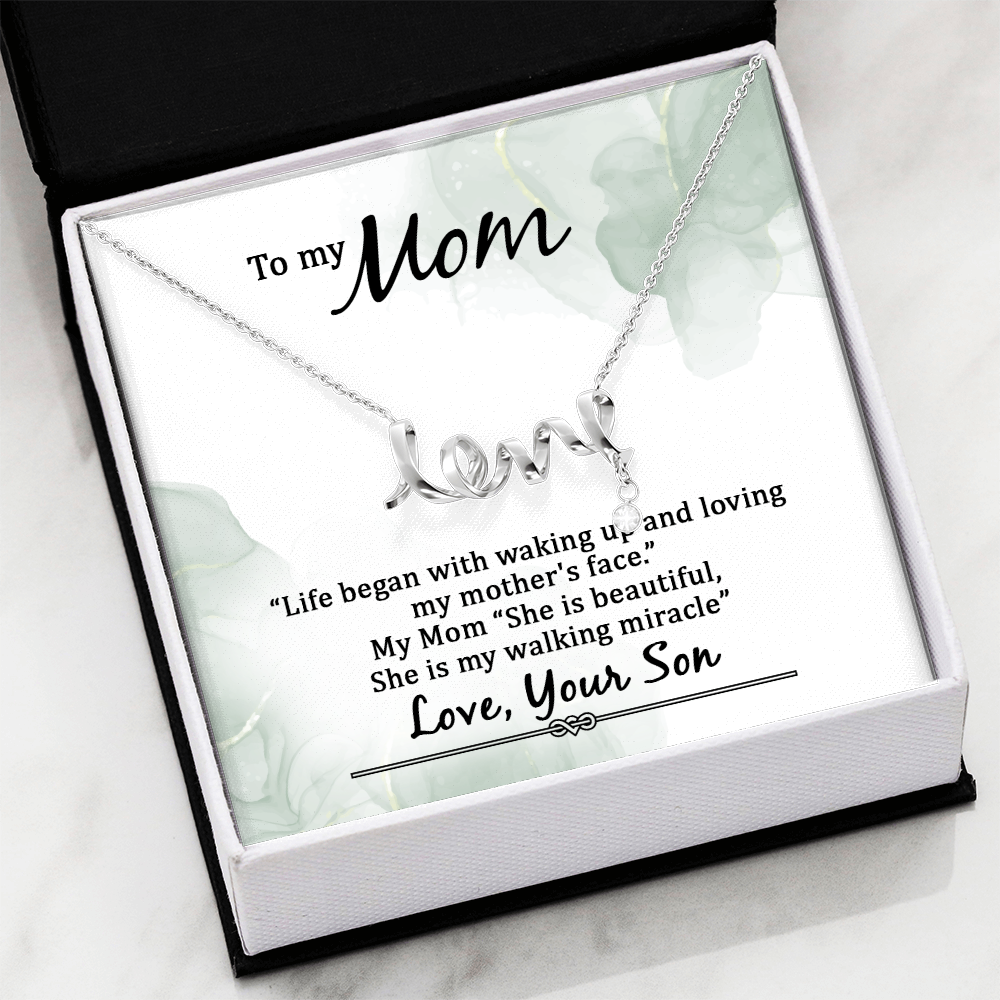 Love Script Necklace for Mom – Dainty “Love” Pendant Gift from Son, Meaningful Jewelry for Mother