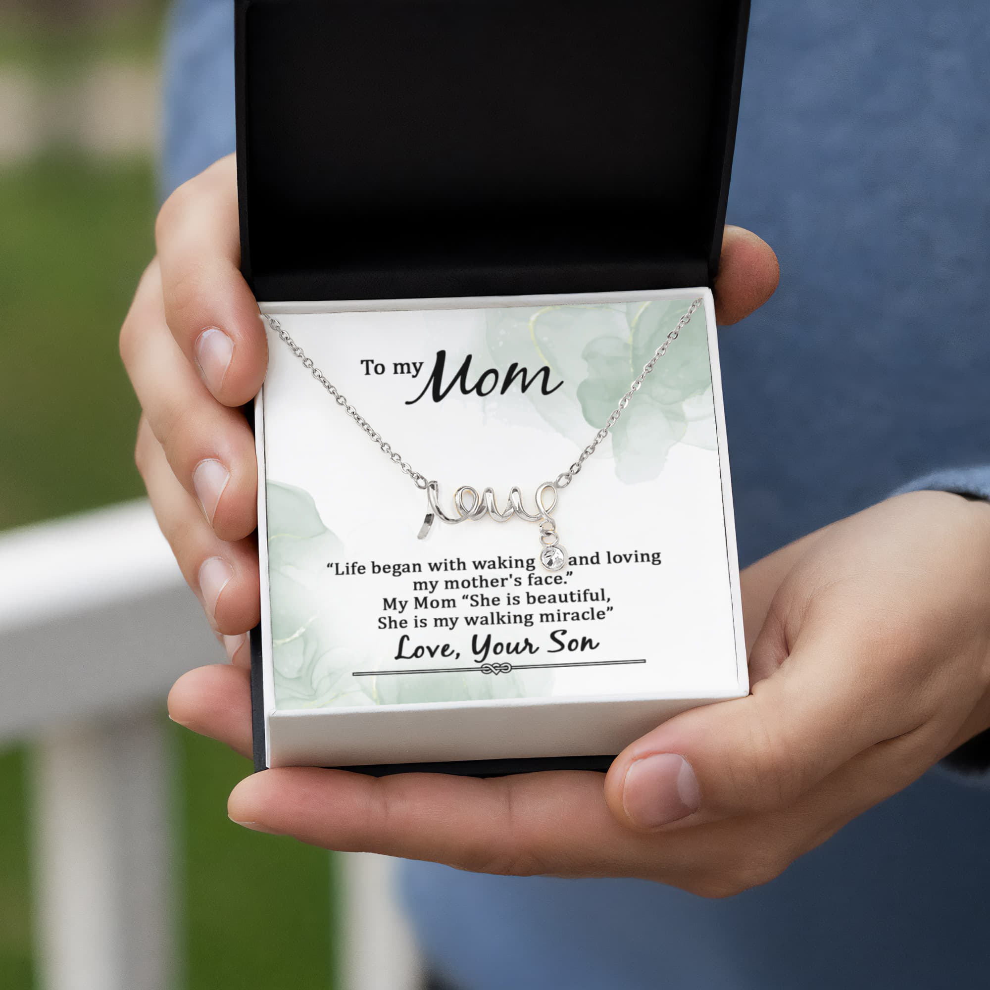 Love Script Necklace for Mom – Dainty “Love” Pendant Gift from Son, Meaningful Jewelry for Mother