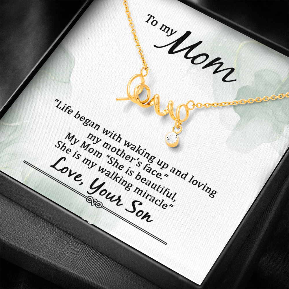 Love Script Necklace for Mom – Dainty “Love” Pendant Gift from Son, Meaningful Jewelry for Mother