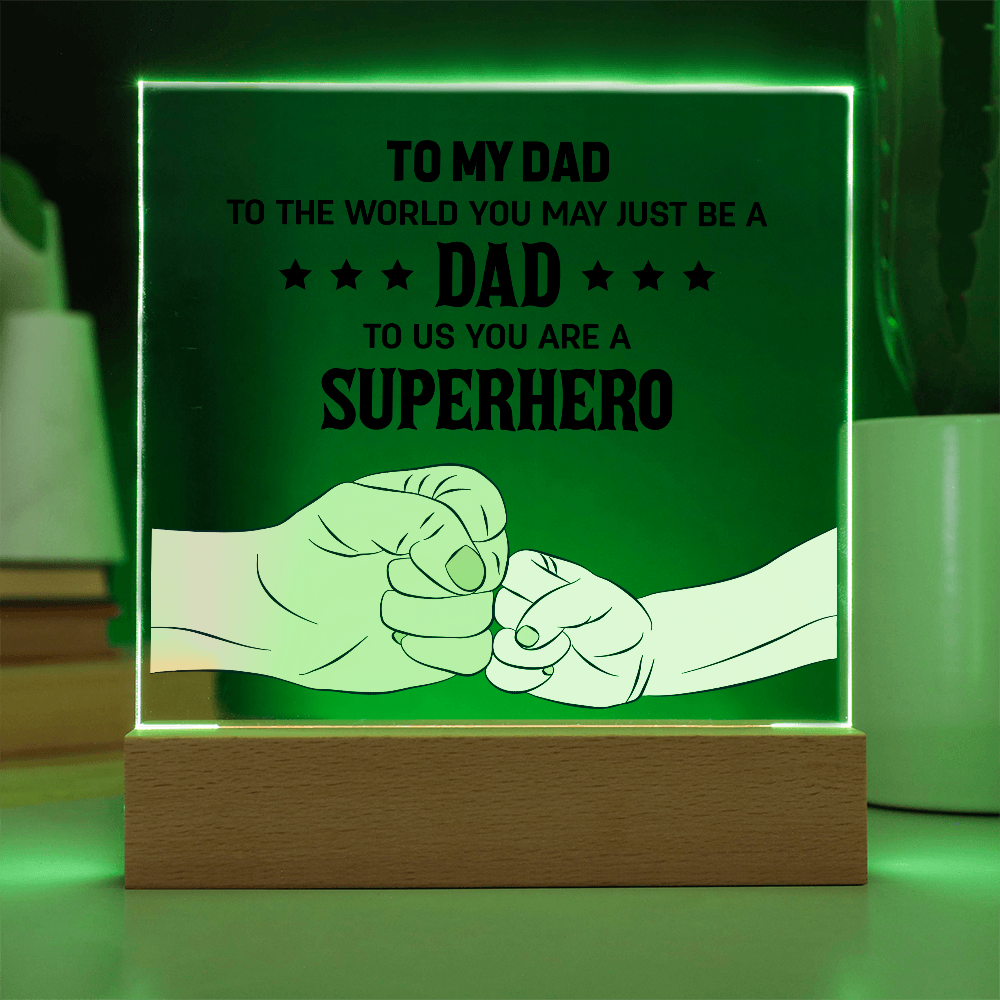 Green illuminated To My Dad superhero acrylic plaque with father and child fist bump artwork on wooden LED base