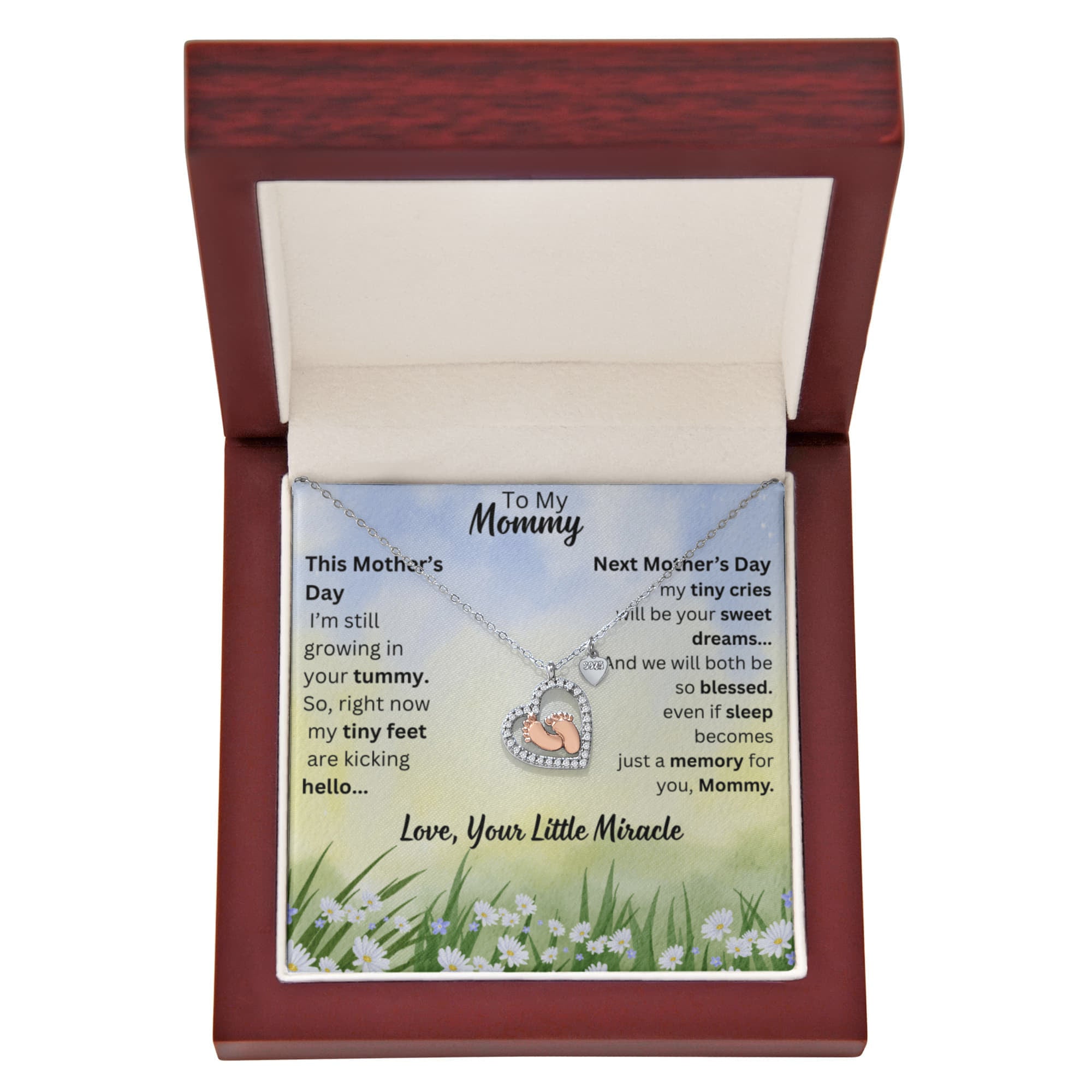 Mother's Day Gift for Mom-to-Be – Baby Feet Heart Pregnancy Necklace with “To My Mommy” Message Card