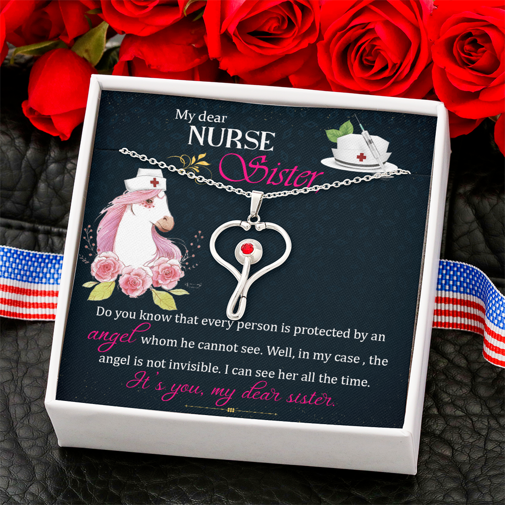Nurse Sister Necklace Gift – Stethoscope Heart Jewelry for RN, CNA, Medical Worker Gift from Sister
