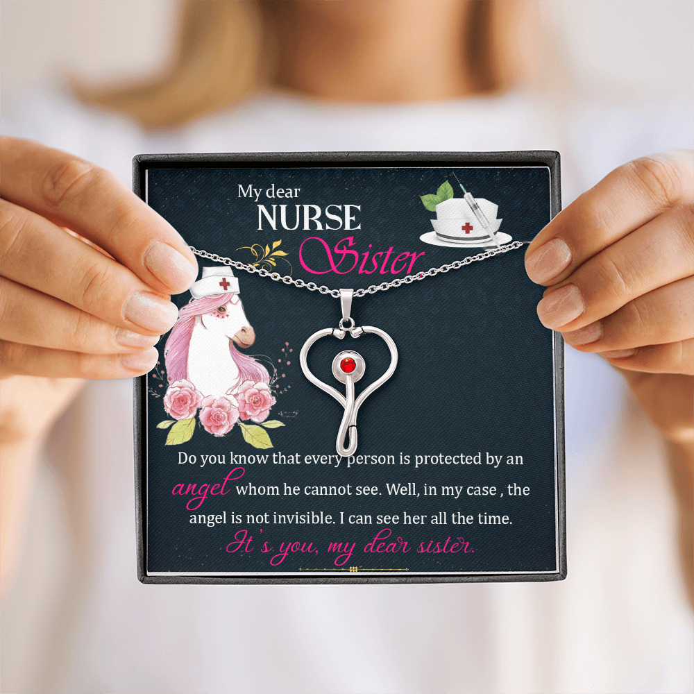 Nurse Sister Necklace Gift – Stethoscope Heart Jewelry for RN, CNA, Medical Worker Gift from Sister