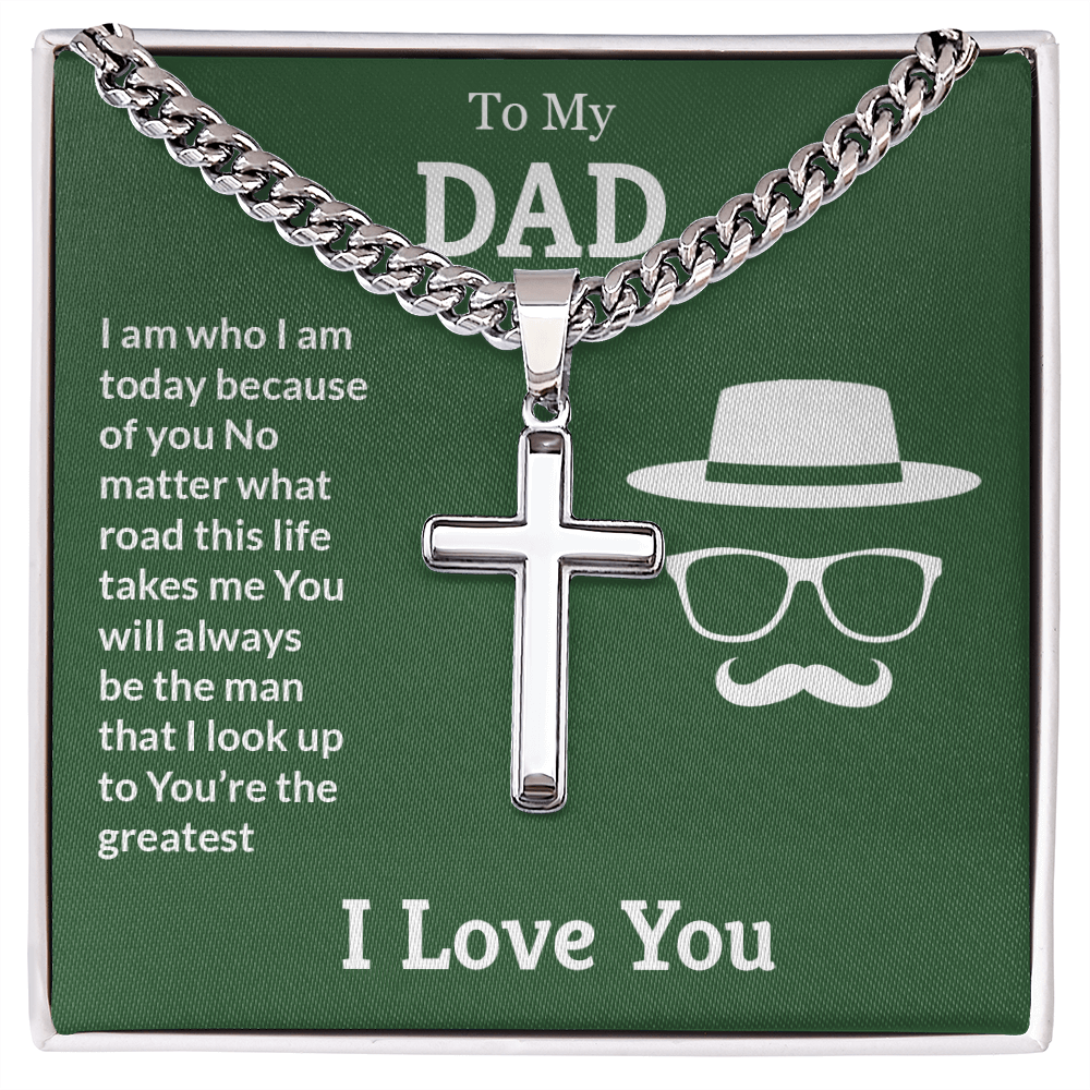 Meaningful artisan cross necklace gift for dad in polished stainless steel with sentimental card