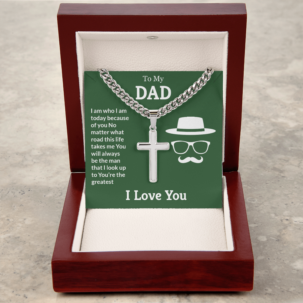 Cross necklace for dad with Cuban link chain displayed in luxury gift box with heartfelt message card