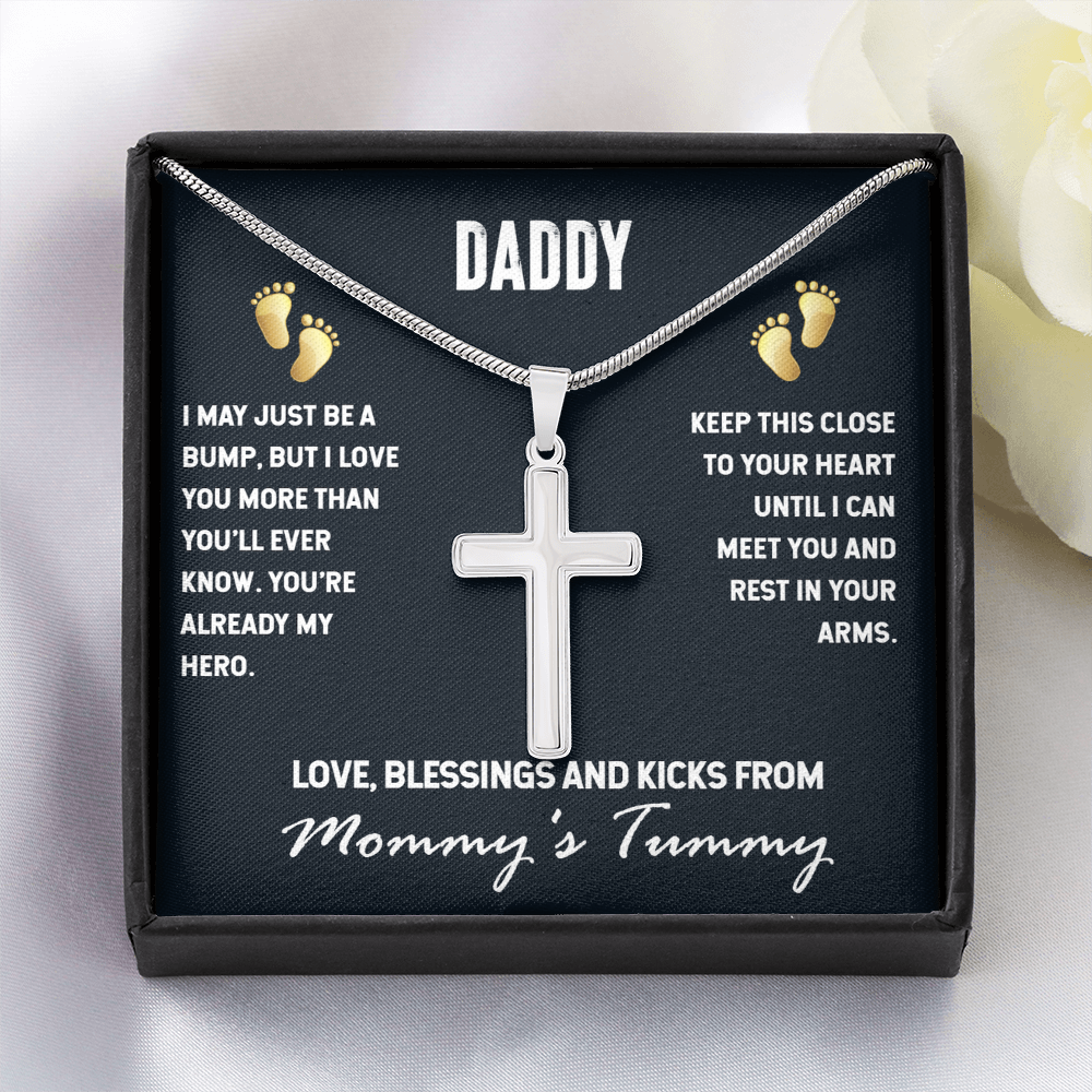 Daddy-to-Be Cross Necklace – “Love From Mommy's Tummy” Pregnancy Announcement Gift for Dad