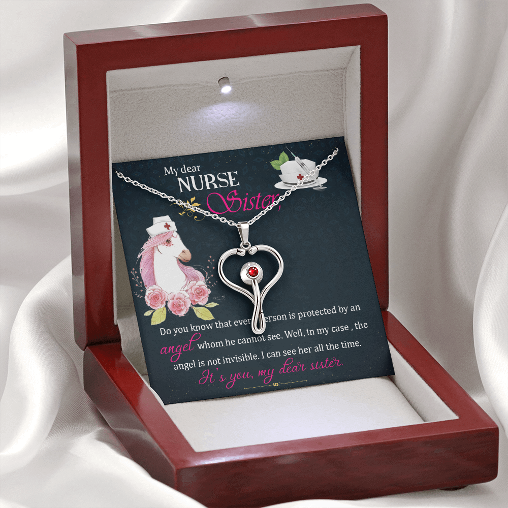 Nurse Sister Necklace Gift – Stethoscope Heart Jewelry for RN, CNA, Medical Worker Gift from Sister